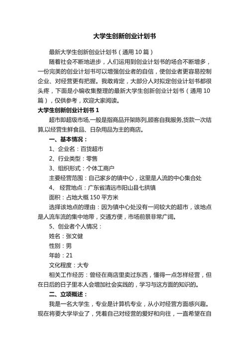 全国大学生创新创业大赛计划书
